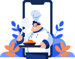 Hand Drawn Chef character teaching cooking in the concept of teaching online cooking in flat style png