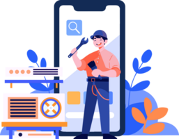 Hand Drawn Engineer or repairman character with smartphone in online repair concept in flat style png