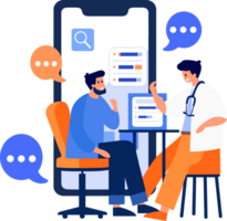 Hand Drawn Doctor and patient characters with smartphone in online medicine concept in flat style png