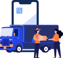 Hand Drawn Delivery man character with truck In the concept of online delivery in flat style png