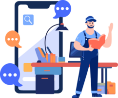 Hand Drawn Engineer or repairman character with smartphone in online repair concept in flat style png