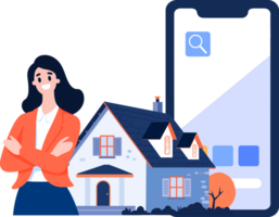 Hand Drawn House broker character with smartphone In Concept Real Estate Online in flat style png