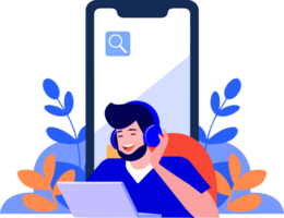 Hand Drawn Call center characters with smartphones in the concept of online support in flat style png