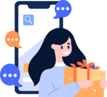 Hand Drawn Female character holding a gift with smartphone in online shopping concept in flat style png