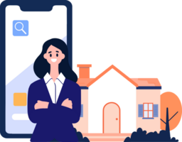Hand Drawn House broker character with smartphone In Concept Real Estate Online in flat style png