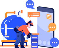 Hand Drawn Engineer or repairman character with smartphone in online repair concept in flat style png