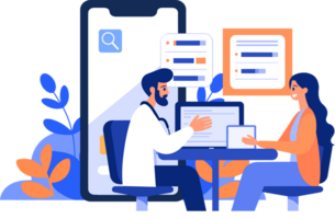 hand dragen läkare och patient tecken med smartphone i uppkopplad medicin begrepp i platt stil png