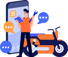 hand- getrokken motorfiets monteur karakter met smartphone in de concept van online reparatie technicus in vlak stijl png