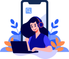 Hand Drawn Call center characters with smartphones in the concept of online support in flat style png
