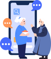 Hand Drawn Elderly characters talk through smartphones in flat style png