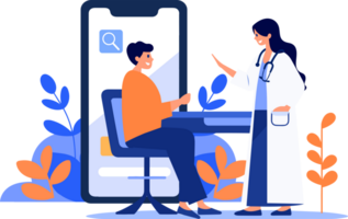 Hand Drawn Doctor and patient characters with smartphone in online medicine concept in flat style png