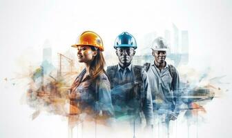 Double exposure of worker group. Construction engineer civil team work banner AI Generated photo