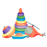 Kids toys. Watercolor illustration of a pyramid, spinning top, helicopter, ship. Illustration for children. The set is painted with watercolors. Isolates on a transparent background png
