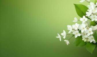 Lovely spring flowers and leaves on side of the green background with copy space AI Generated photo