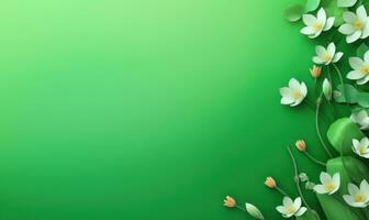 encantador primavera flores y hojas en lado de el verde antecedentes con Copiar espacio ai generado foto