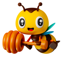 3D rendering cartoon honey bee holding wooden honey dipper. 3D bee character illustration png