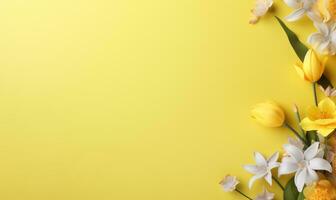 Lovely spring flowers and leaves on side of the yellow background with copy space AI Generated photo