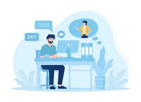 Customer service technical support consults with clients and helps them concept flat illustration vector