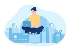 A woman shops online using a laptop concept flat illustration vector
