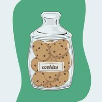 vector illustration in eps format in a glass jar with delicious homemade chocolate cookies inside. cookies with chocolate. a glass jar with the inscription cookies.