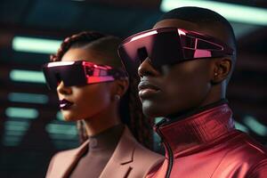 A couple wearing purple futuristic VR glasses, ai generative photo