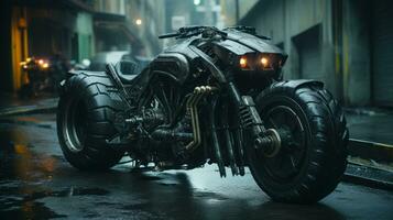 Armored motorcycle in a dark rainy city, ai generative photo