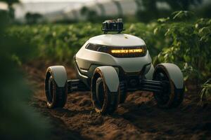 Smart robotic farmers analyze the growth of the plants in the smart farm, ai generative photo