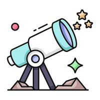 A space research tool icon, flat design of telescope vector