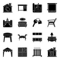Pack of Furniture and Interior Decoration Solid Icons vector