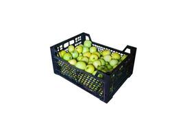 Yellow and green winter apples in a black plastic box on a white background photo