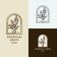 Arched frames with flowers and leaves. Esoteric Linear Boho Logos and Frames elements. Boho arch frame with flower. vector
