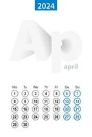 Calendar for April 2024, blue circle design. English language, week starts on Monday. vector