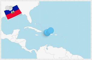 Map of Haiti with a pinned blue pin. Pinned flag of Haiti. vector