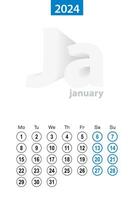 Calendar for January 2024, blue circle design. English language, week starts on Monday. vector