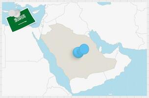 Map of Saudi Arabia with a pinned blue pin. Pinned flag of Saudi Arabia. vector