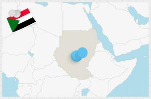 Map of Sudan with a pinned blue pin. Pinned flag of Sudan. vector