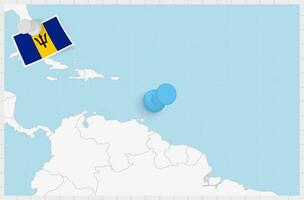 Map of Barbados with a pinned blue pin. Pinned flag of Barbados. vector