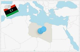 Map of Libya with a pinned blue pin. Pinned flag of Libya. vector