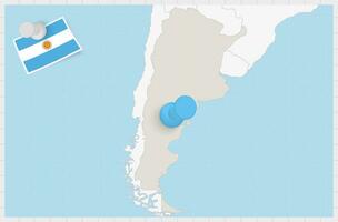 mapa de argentina con un clavado azul alfiler. clavado bandera de argentina. vector