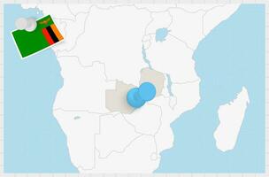 mapa de Zambia con un clavado azul alfiler. clavado bandera de Zambia. vector