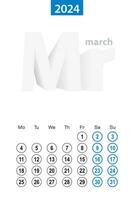 Calendar for March 2024, blue circle design. English language, week starts on Monday. vector