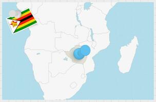 mapa de Zimbabue con un clavado azul alfiler. clavado bandera de Zimbabue. vector