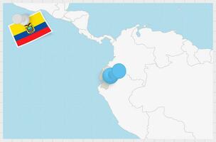 Map of Ecuador with a pinned blue pin. Pinned flag of Ecuador. vector