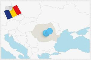 Map of Romania with a pinned blue pin. Pinned flag of Romania. vector