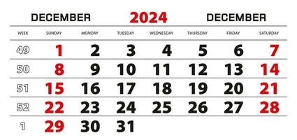 Wall calendar 2024 for december, week start from sunday. vector