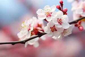 Beautiful blossoming branch on blurred background, closeup. Spring flowers, cherry blossom macro close up with shallow depth of field, AI Generated photo