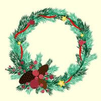 Christmas wreath of fir branches with red ribbon around, red rowan berries and fir cones on background. Vector