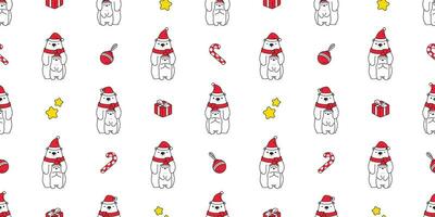 Bear seamless pattern Christmas vector polar bear Santa Claus hat scarf isolated candy cane gift box cartoon repeat background tile wallpaper illustration doodle design