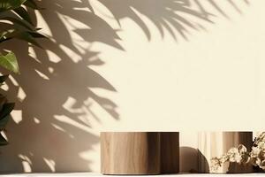 empty natural wooden log with wood grain podium for organic products overlay display under sunlight with foliage leaves shadow on beige wall in background. generative ai. photo