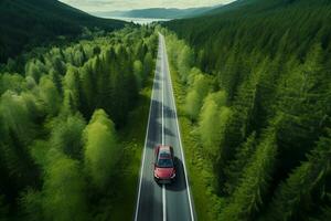 aéreo ver de verde bosque y rojo coche en el la carretera. aves ojo. generativo ai. foto